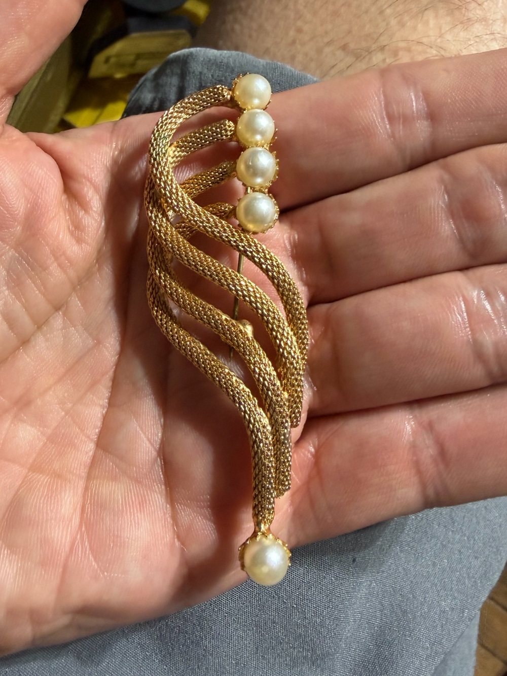 Vintage Gold-Tone Faux Pearl Drop Brooch